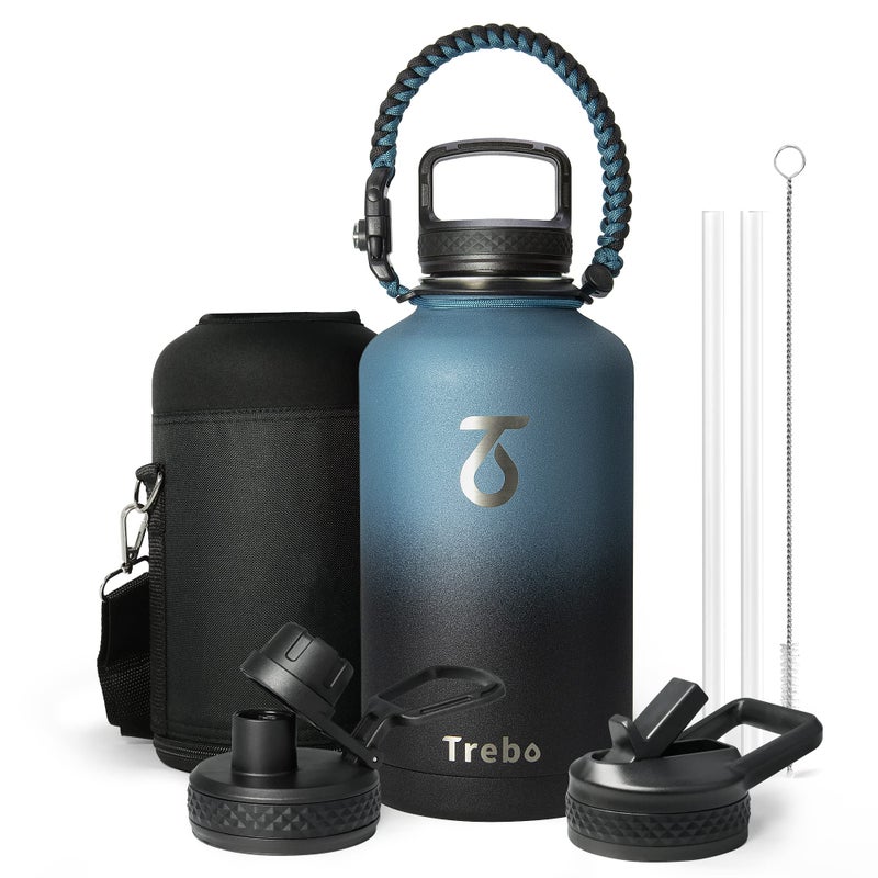 Trebo Water Bottle 64oz with Paracord Handle  Half Gallon Food-grade Double Wall Vacuum Stainless Steel Insulated Jug with Straw Spout Handle Lids  Leakproof Keep Cold & Hot  Ombre: Indigo/Black