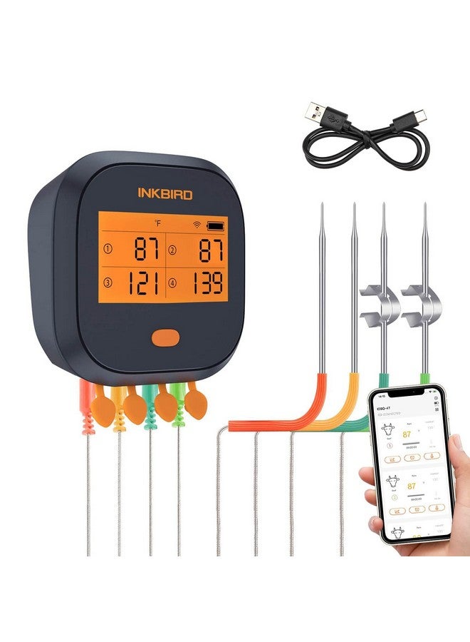 إنك بيرد مقياس حرارة اللحوم اللاسلكي من إنك بيرد IBBQ-4T، مقياس حرارة لاسلكي للشواء، للمدخن والفرن | رسم بياني لمعايرة درجة الحرارة عبر التطبيق | تنبيه مؤقت عبر الهاتف المحمول | مقياس حرارة رقمي قابل لإعادة الشحن للشواء، 4 مجسات - Image 1