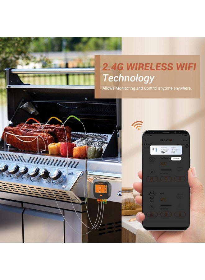 إنك بيرد مقياس حرارة اللحوم اللاسلكي من إنك بيرد IBBQ-4T، مقياس حرارة لاسلكي للشواء، للمدخن والفرن | رسم بياني لمعايرة درجة الحرارة عبر التطبيق | تنبيه مؤقت عبر الهاتف المحمول | مقياس حرارة رقمي قابل لإعادة الشحن للشواء، 4 مجسات - Image 2