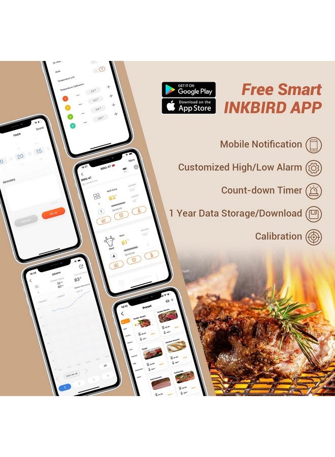 إنك بيرد مقياس حرارة اللحوم اللاسلكي من إنك بيرد IBBQ-4T، مقياس حرارة لاسلكي للشواء، للمدخن والفرن | رسم بياني لمعايرة درجة الحرارة عبر التطبيق | تنبيه مؤقت عبر الهاتف المحمول | مقياس حرارة رقمي قابل لإعادة الشحن للشواء، 4 مجسات - Image 5