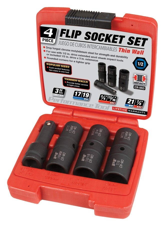 بيرفورمانس تول طقم مقابس قلابة بمحرك M774 مقاس 1/2 بوصة من Performance Tool - طقم مكون من 4 قطع متري وSAE بتصميم جدار رفيع لصواميل العجلات ومسامير العجلات والمزيد - Image 2