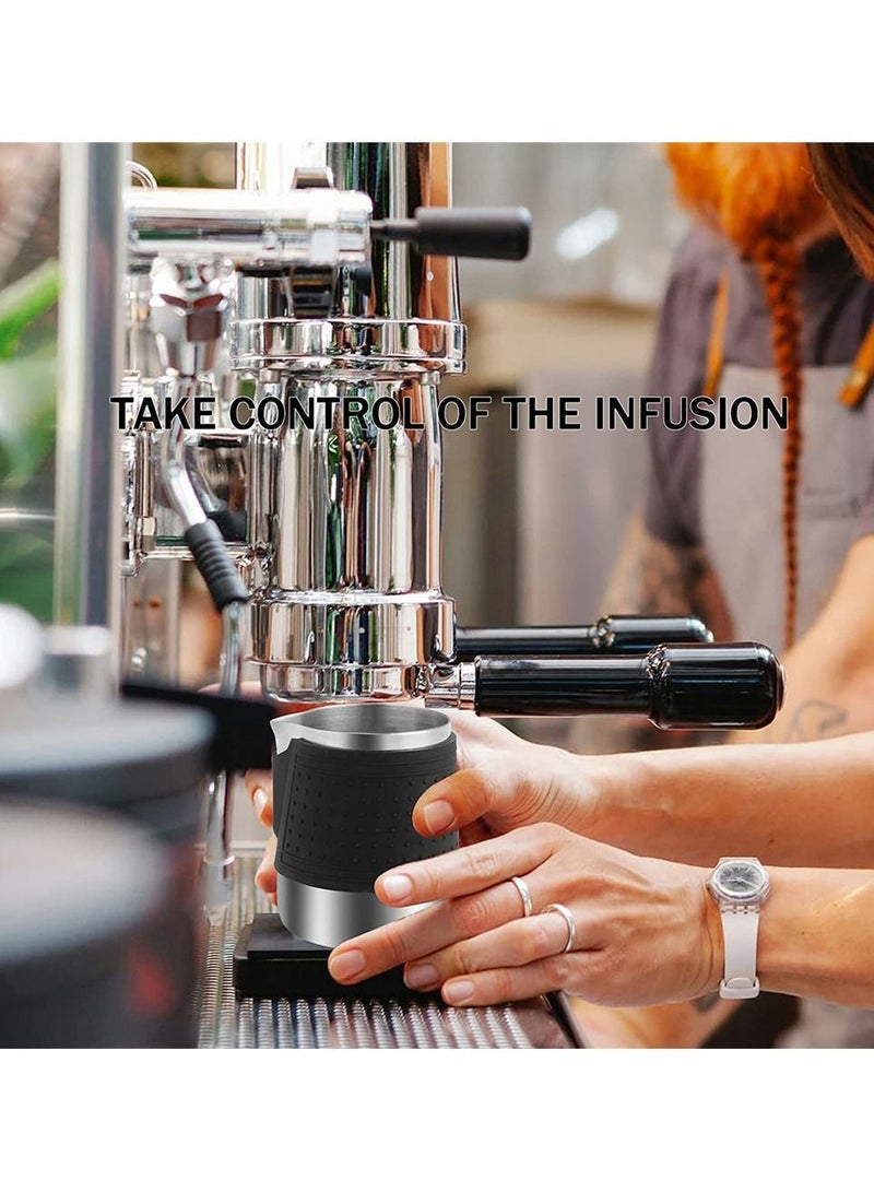 SYOSI Espresso Milk Frothing Pitcher, Stainless Steel Milk Frothing Pitcher 12OZ/350ML Coffee Milk Frother Cup With Heat Resistant Silicone Grip Pads for Espresso Machine, Milk Frother, Latte Art (Silver) - Image 2
