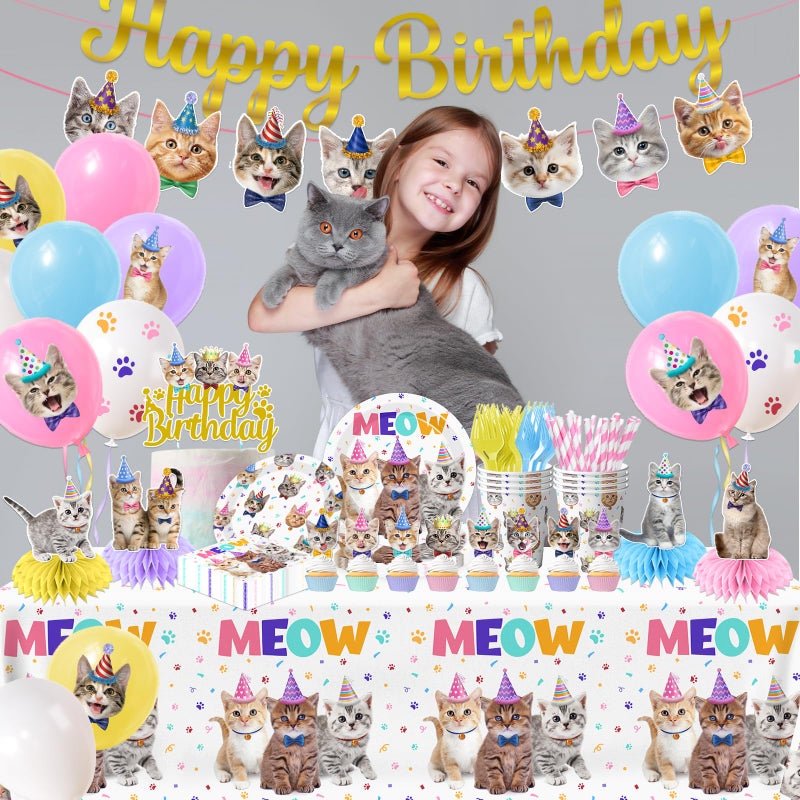 YGCTBVY Cat Birthday Decorations,189pcs Cat Party Decorations cat Birthday Plates and Napkins Cups Tablecloth Cake Topper Hanging Swirls Centerpiece Balloon for Ca t Party Supplies - Image 2
