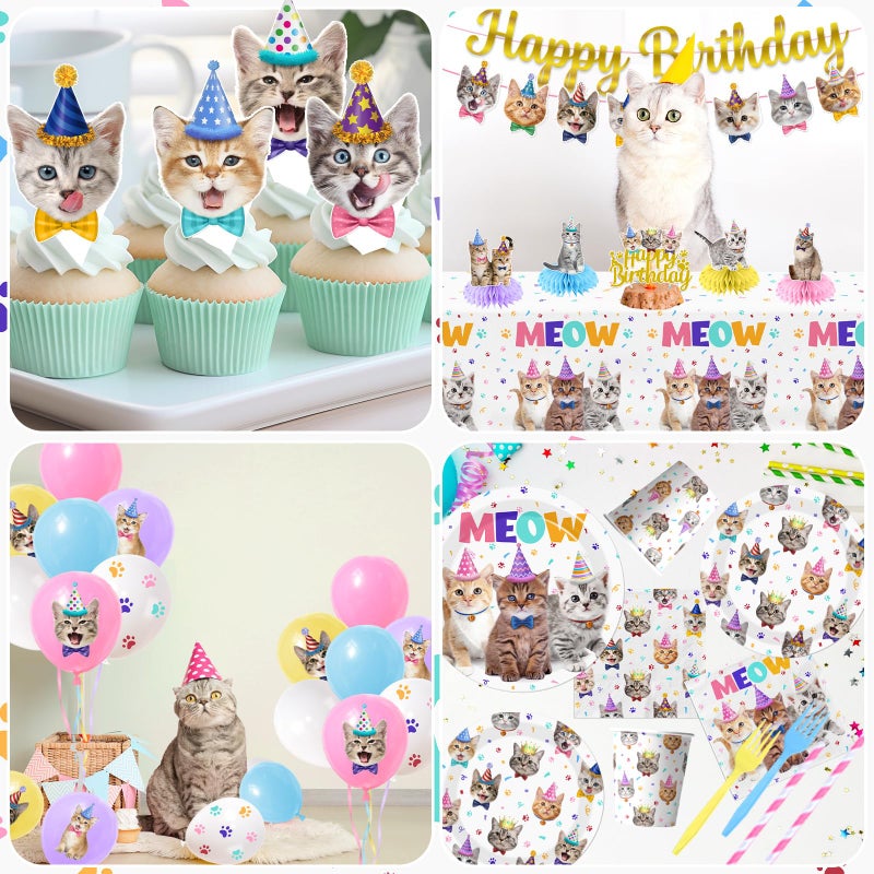 YGCTBVY Cat Birthday Decorations,189pcs Cat Party Decorations cat Birthday Plates and Napkins Cups Tablecloth Cake Topper Hanging Swirls Centerpiece Balloon for Ca t Party Supplies - Image 5