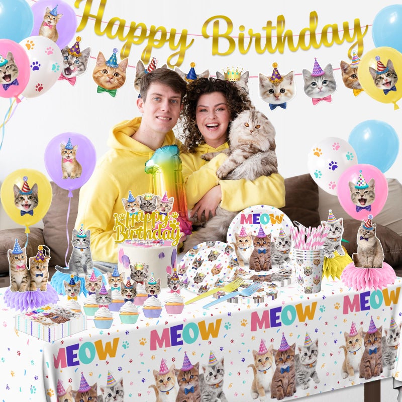 YGCTBVY Cat Birthday Decorations,189pcs Cat Party Decorations cat Birthday Plates and Napkins Cups Tablecloth Cake Topper Hanging Swirls Centerpiece Balloon for Ca t Party Supplies - Image 3