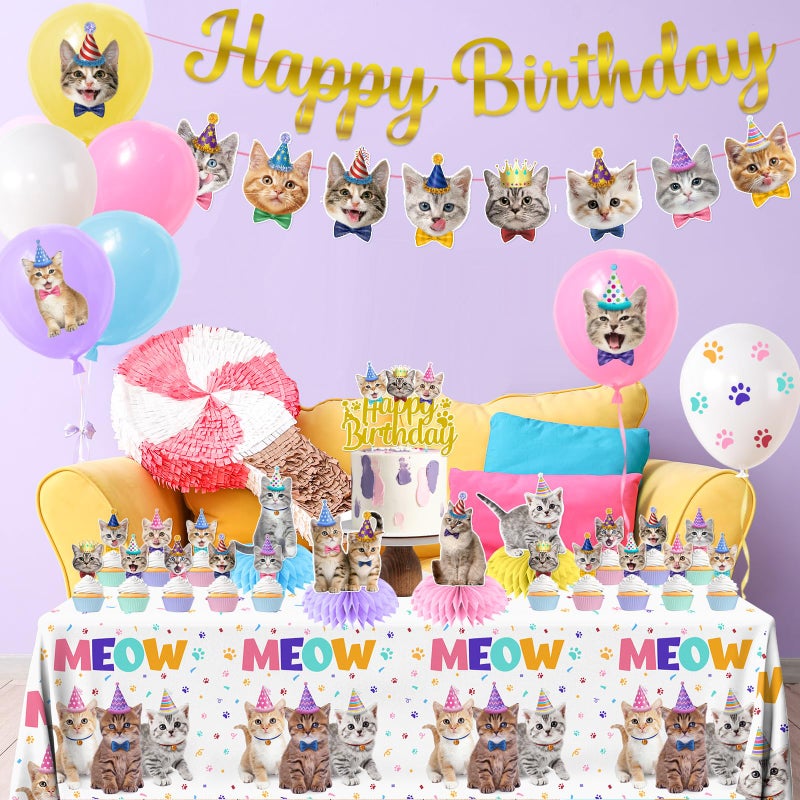 YGCTBVY Cat Birthday Decorations,189pcs Cat Party Decorations cat Birthday Plates and Napkins Cups Tablecloth Cake Topper Hanging Swirls Centerpiece Balloon for Ca t Party Supplies - Image 4