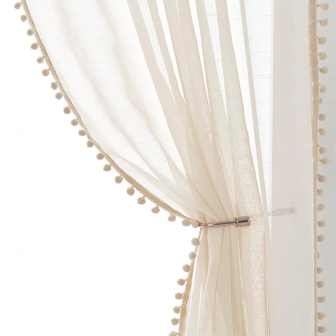 POMPOM LINEN SHEER CURTAINS FOR LIVING ROOM 84INCHES LONG DECORATIVE NATURAL WINDOW CURTAIN DRAPERIES FOR KIDS BEDROOM SLUB TEXTURED VOILE 52 W 1 PAIR
