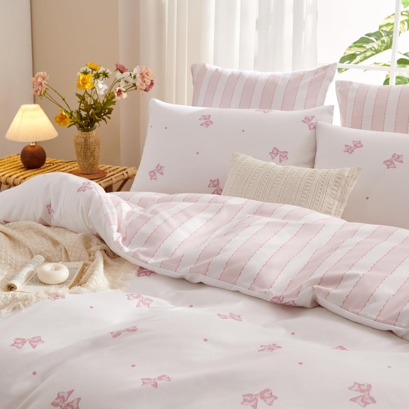 Bildenly Duvet Cover Full Size White Pink Bow Striped Reversible Bedding Set Kids Girls Bowknot Comforter Cover Set Soft Breathable Microfiber Quilt Cover with Zipper Closure and 2 Pillowcases - Image 1