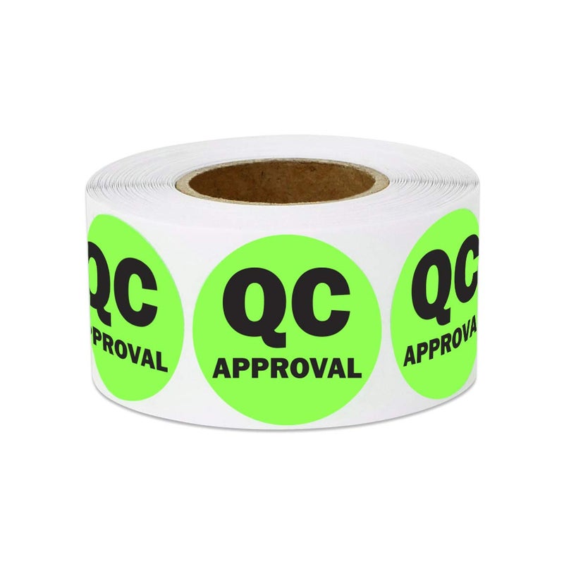 OfficeSmartLabels QC Approval Stickers - 1 Inch Round Circle in Bright Neon Green QC Approval Label for Quality Control Production Line Warehouse Inventory Management Inspection Stickers - 300 Labels per Roll - Image 1