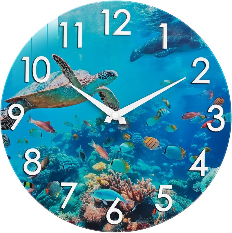 Crosstime 12 Inch Waterproof Outdoor Clock for Patio Pool Garden- Blue Ocean Nautical Beach Coastal Decor Wall Clock for Bathroom Home- Sea Turtle Underwater Theme - Image 1
