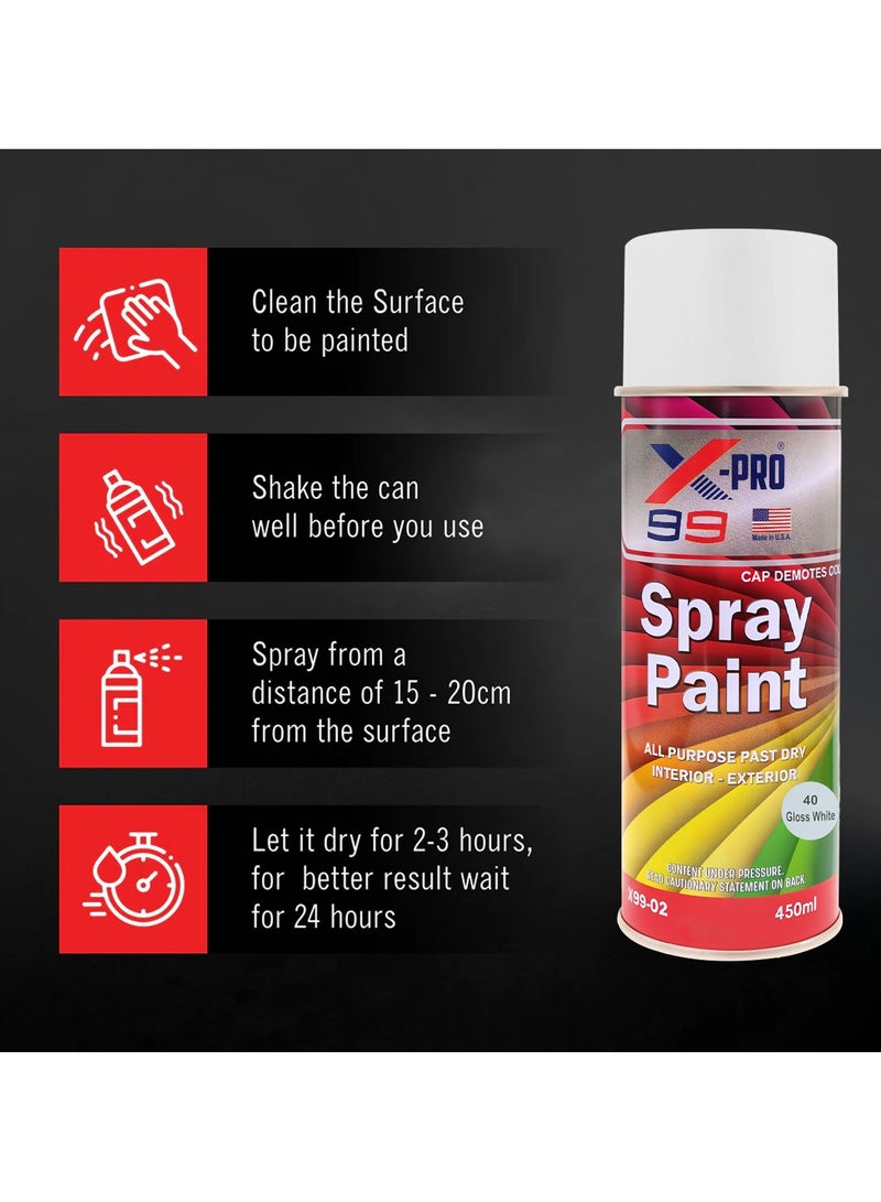 إكس برو مجموعة X-PRO - اشترِ 4 قطع من طلاء الرش X-PRO 99 الأبيض اللامع سعة 450 مل، متعدد الأغراض، سريع الجفاف، للاستخدام الداخلي والخارجي، تلميع السيارات، ديكور المنزل، الاستخدام الصناعي، X99-02 - Image 5