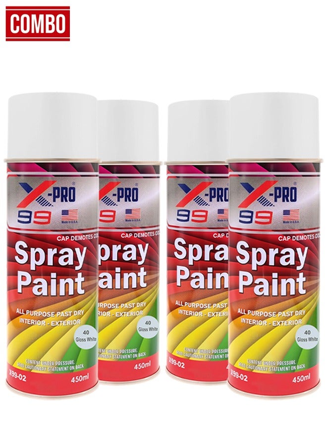 إكس برو مجموعة X-PRO - اشترِ 4 قطع من طلاء الرش X-PRO 99 الأبيض اللامع سعة 450 مل، متعدد الأغراض، سريع الجفاف، للاستخدام الداخلي والخارجي، تلميع السيارات، ديكور المنزل، الاستخدام الصناعي، X99-02 - Image 1
