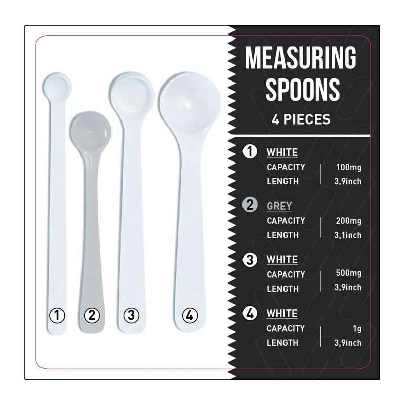Extrakt Manufaktur Hamburg مجموعة ملاعق قياس بالملليجرام مكونة من 4 ملاعق قياس دقيقة 100 ملليجرام 200 ملليجرام 500 ملليجرام 1 جرام لمواد البودرة والسوائل