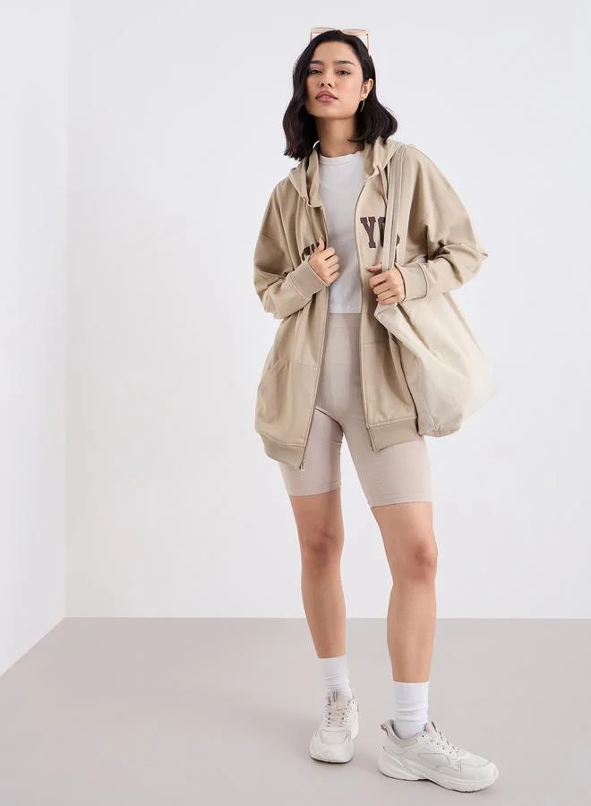 Styli Oversized Zip Through New York Print Hoodie