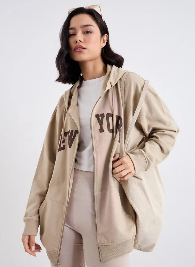 Styli Oversized Zip Through New York Print Hoodie