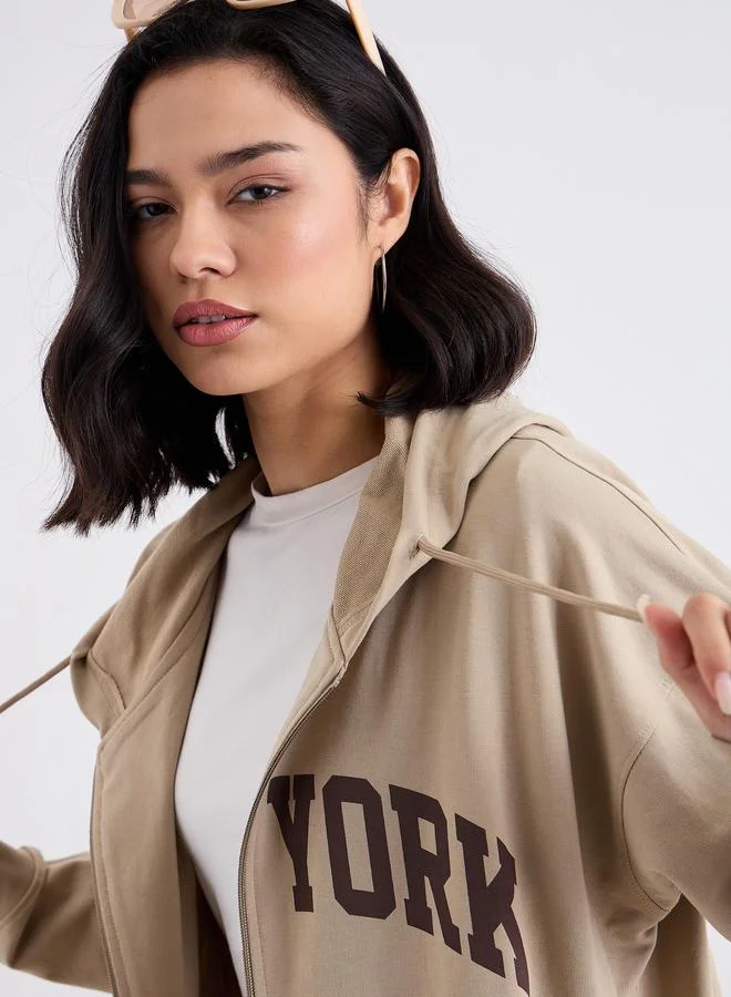 Styli Oversized Zip Through New York Print Hoodie