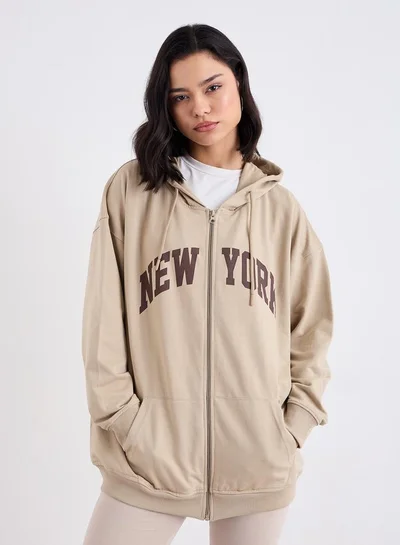 Styli Oversized Zip Through New York Print Hoodie