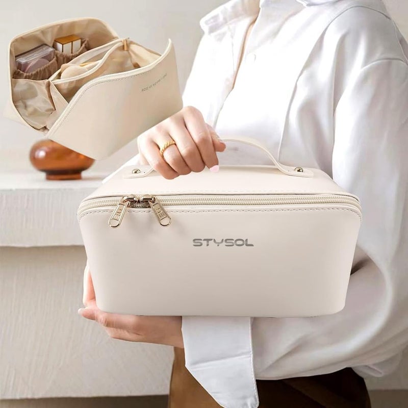 Stysol حقيبة مكياج جلدية للسفر بسعة كبيرة مع مقبض وقسم حقيبة تجميل مقاومة للماء حقيبة أدوات تجميل جلدية محمولة حقيبة مكياج فسيحة للنساء والفتيات بيضاء - Image 2