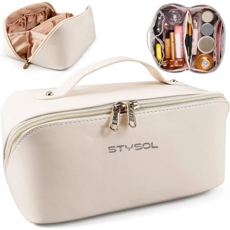 Stysol حقيبة مكياج جلدية للسفر بسعة كبيرة مع مقبض وقسم حقيبة تجميل مقاومة للماء حقيبة أدوات تجميل جلدية محمولة حقيبة مكياج فسيحة للنساء والفتيات بيضاء - Image 3