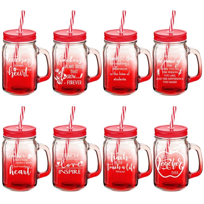 SET OF 8 TEACHER APPRECIATION GLASS CUP GIFT BULK 16 OZ THANK YOU GLASS JAR TUMBLER MUG WITH HANDLE LID AND STRAW DRINKING BOTTLE FOR EMPLOYEE TEACHER CHRISTMAS PARTY GIFTRED