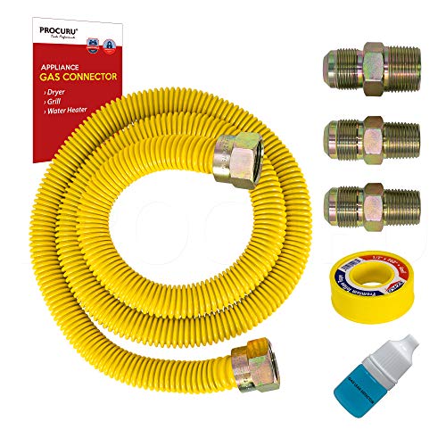 PROCURU 1/2" OD x 72" (6Ft) Universal Flexible Gas Connector Kit, SafeGuard Yellow Coated Stainless Steel Gas Supply Pipe for Dryers, Bbq Grills, Water Heater (Red-A1 Series) - Image 1