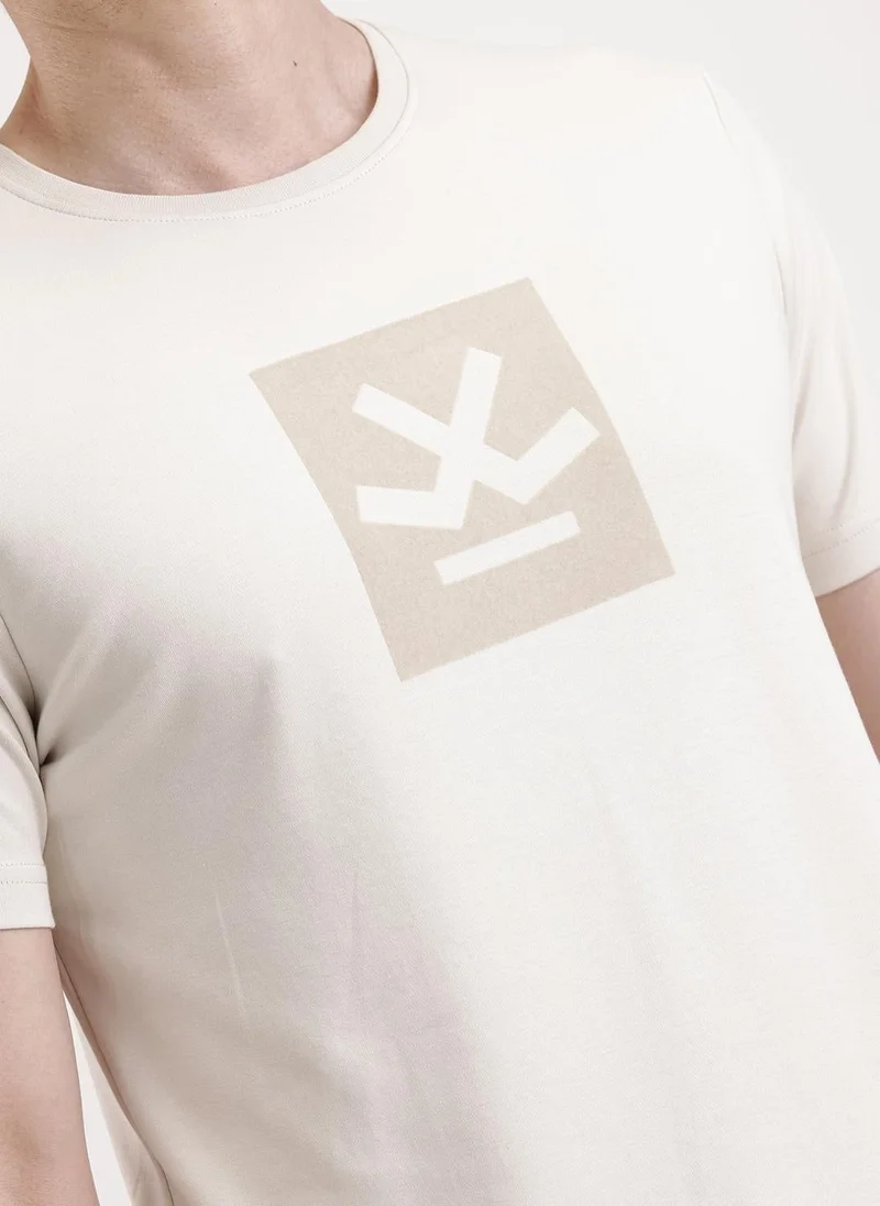 Wrogn Solid Flock Printed T-Shirt   |  Beige