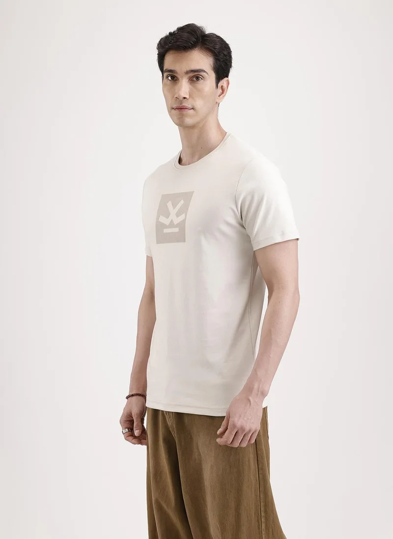 Wrogn Solid Flock Printed T-Shirt   |  Beige