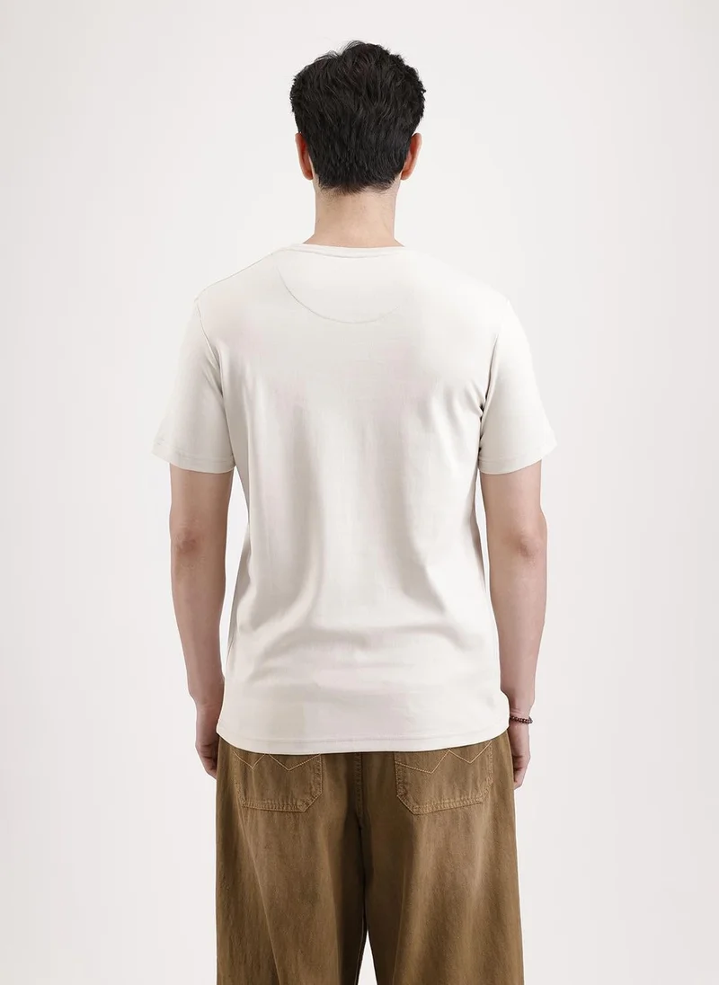 Wrogn Solid Flock Printed T-Shirt   |  Beige