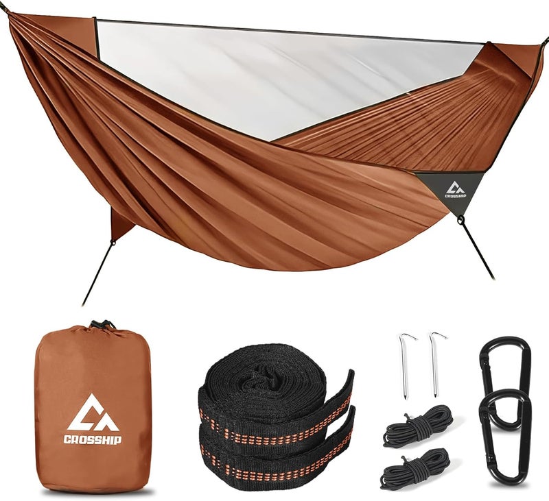 CROSSHIP Camping Hammock with Mosquito Net, 2 Person Hammock Tent, Portable, Parachute Nylon for Indoor, Outdoor, Hiking, Backpacking, Backyard, Beach, Travel (Hold Up to 500lbs) (Orange) - Image 1