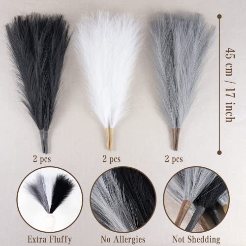 EVODIS Faux Pampas Grass Decor, 18"/45cm Artificial Pampas Grass Fluffy 6 Stem pompous Flower Arrangement for Boho Home Wedding Decoration (Black,White,Grey) - Image 3