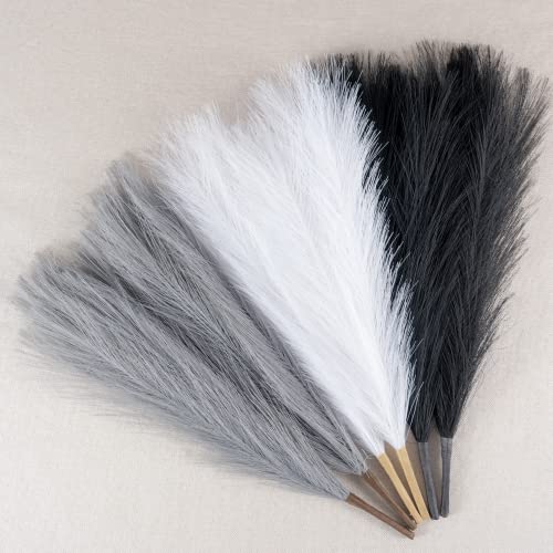 EVODIS Faux Pampas Grass Decor, 18"/45cm Artificial Pampas Grass Fluffy 6 Stem pompous Flower Arrangement for Boho Home Wedding Decoration (Black,White,Grey) - Image 1