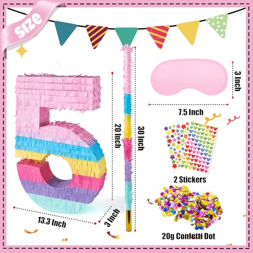 PCFING 20 Inch Number 5 Piata Candy Color with 30 Inch Piata Stick Blindfold Confetti for Boys Girls Adults Birthday Party Decorations Anniversary Celebration Fiesta - Image 5