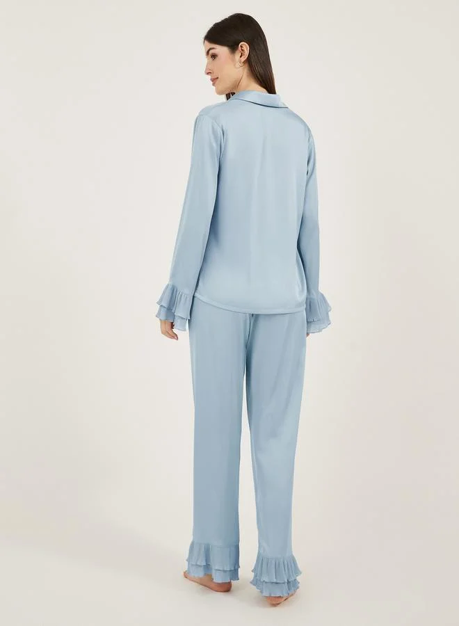 Styli Solid Satin Shirt and PJ Set with Pleated Details