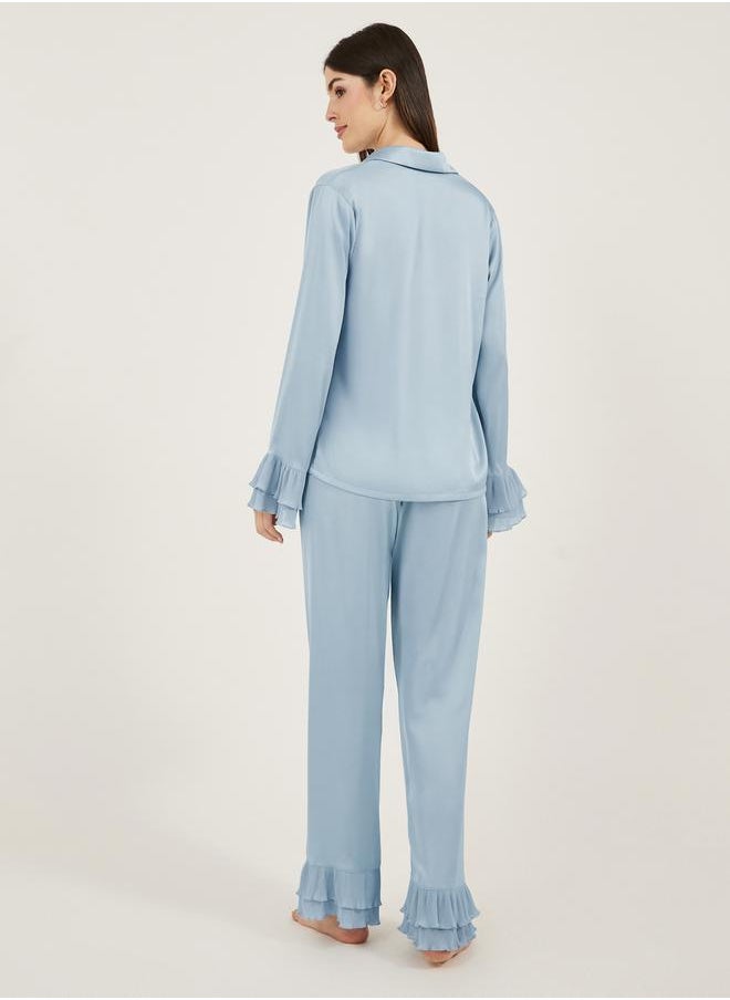 Solid Satin Shirt and PJ Set with Pleated Details