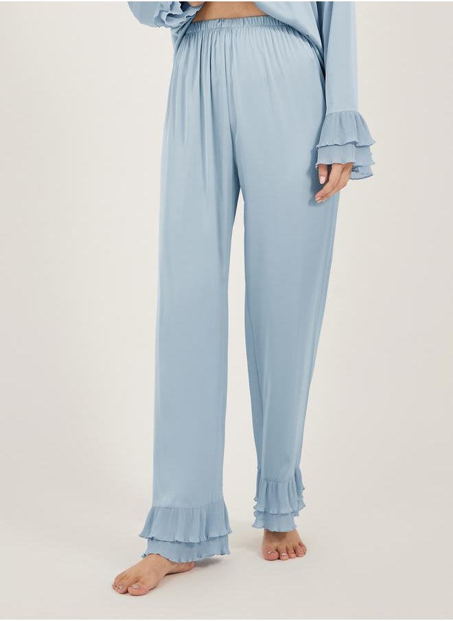 Solid Satin Shirt and PJ Set with Pleated Details