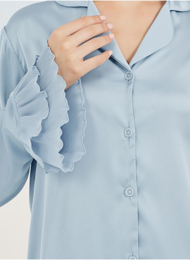 Solid Satin Shirt and PJ Set with Pleated Details