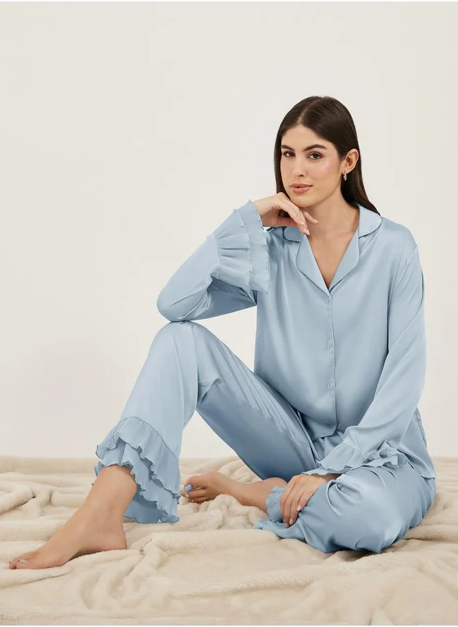 ستايلي Solid Satin Shirt and PJ Set with Pleated Details