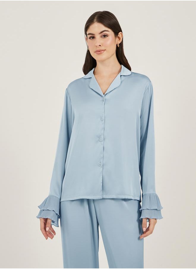 Solid Satin Shirt and PJ Set with Pleated Details