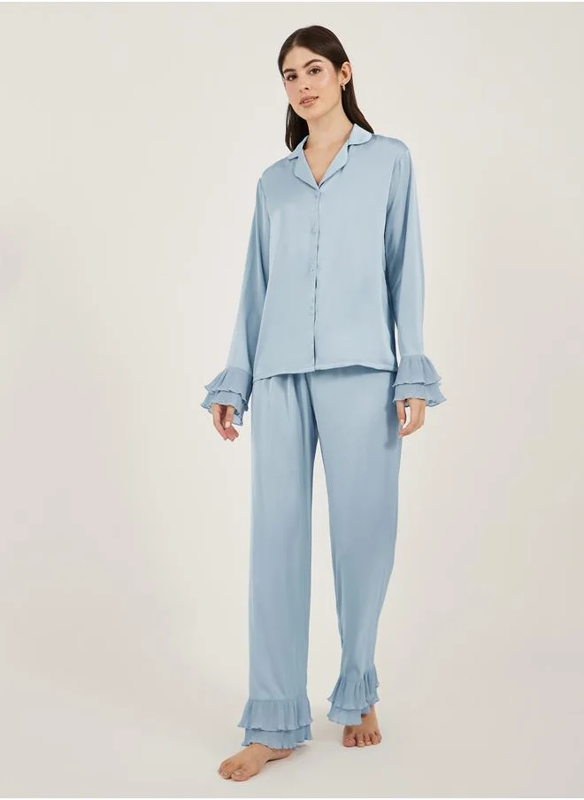 ستايلي Solid Satin Shirt and PJ Set with Pleated Details