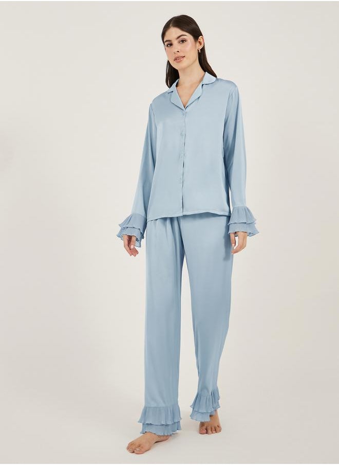 Solid Satin Shirt and PJ Set with Pleated Details