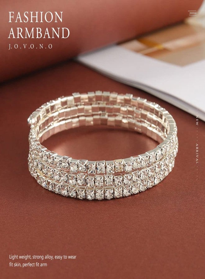 Jovono Rhinestone Arm Cuff Layered Arm Bracelet Crystal Upper Armband Open Cuff Dainty Arm Jewelry For Women(1Pcs) (Silver) - Image 2