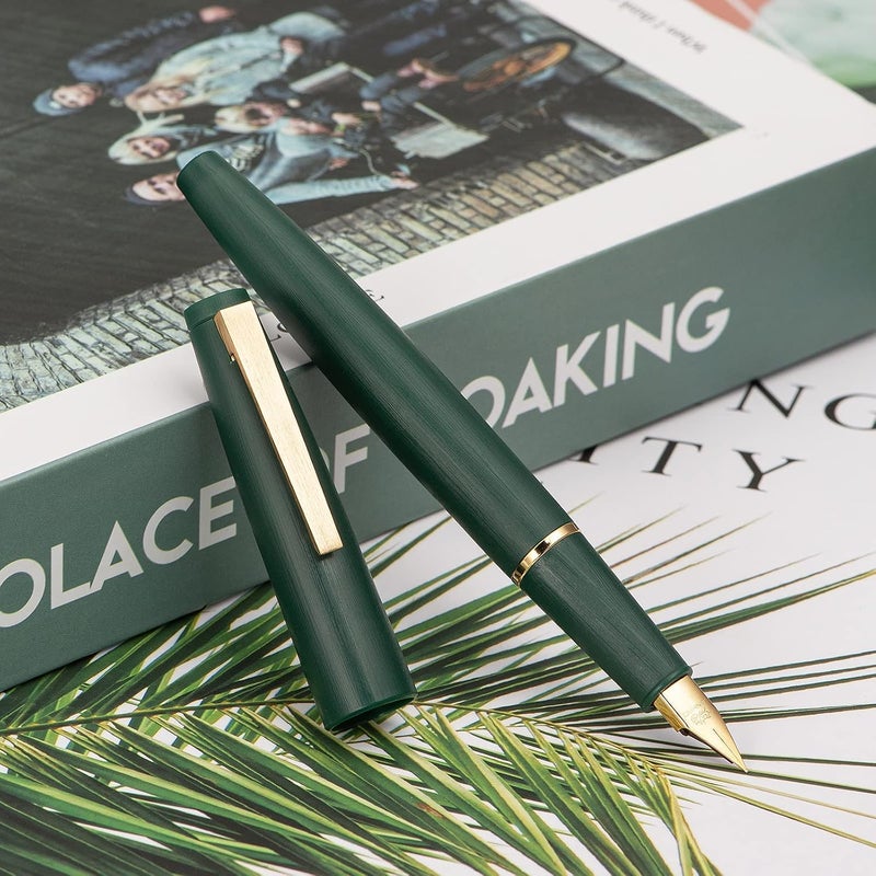 Wikult Jinhao 80 Dark Green Fiber Brushed Fountain Pen, Iridium Fine Gold Nib with Ink Converter, Classic Design Smooth Writing Pen (Gold Clip) - Image 1