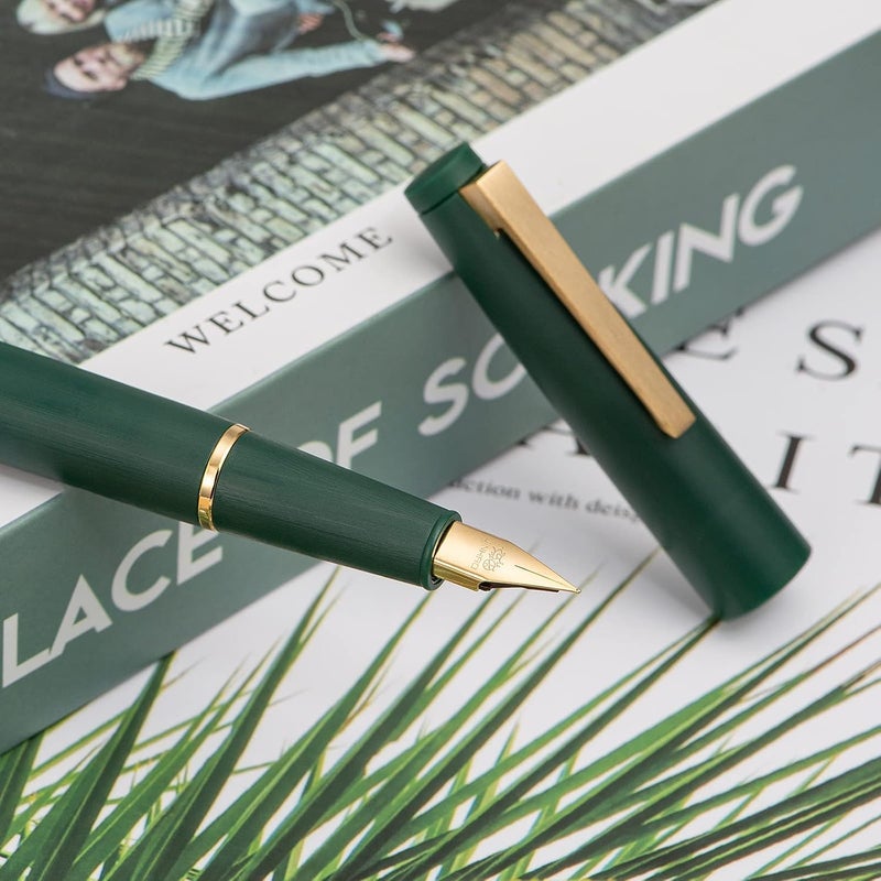 Wikult Jinhao 80 Dark Green Fiber Brushed Fountain Pen, Iridium Fine Gold Nib with Ink Converter, Classic Design Smooth Writing Pen (Gold Clip) - Image 5
