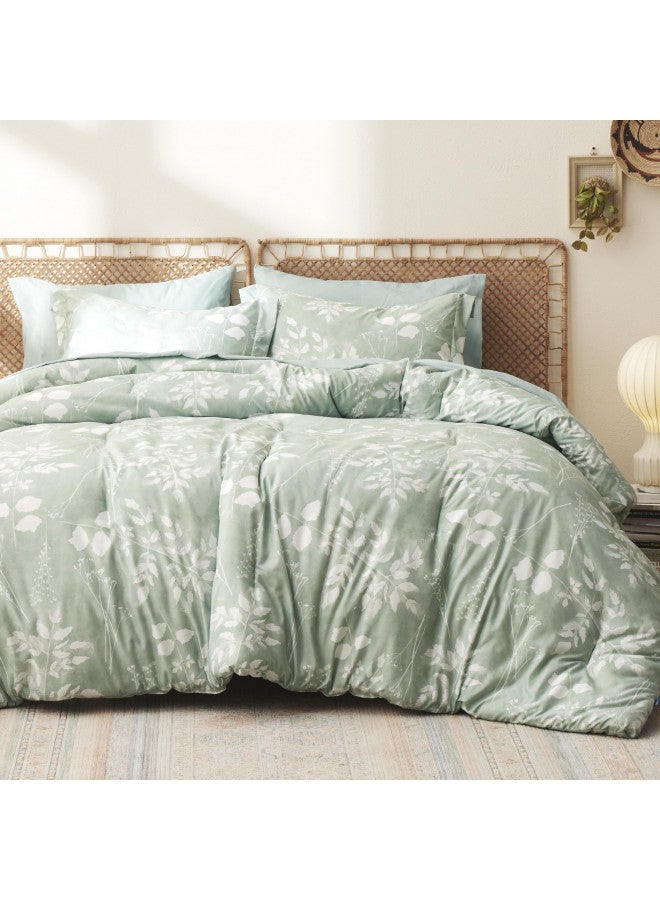 Bedsure Bedsure Queen Comforter Set - 7 Pieces Floral Sage Green Bedding Sets, Queen Bed in a Bag with Reversible Botanical Flowers Comforter, Sheets, Pillowcases & Shams  - Image 1