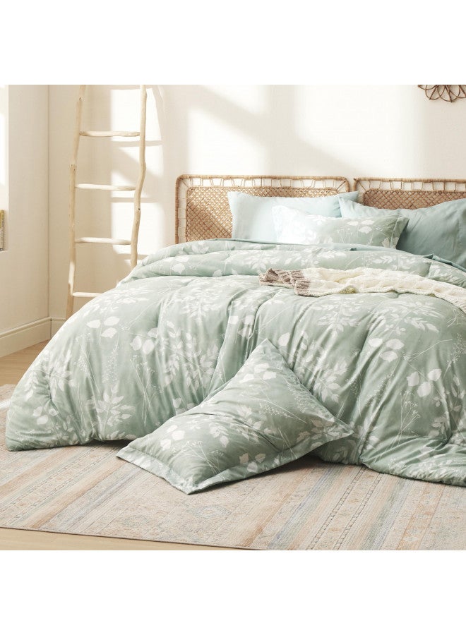 Bedsure Bedsure Queen Comforter Set - 7 Pieces Floral Sage Green Bedding Sets, Queen Bed in a Bag with Reversible Botanical Flowers Comforter, Sheets, Pillowcases & Shams  - Image 2