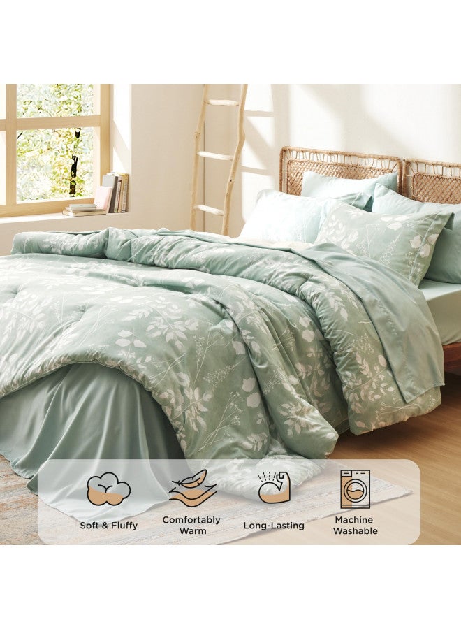Bedsure Bedsure Queen Comforter Set - 7 Pieces Floral Sage Green Bedding Sets, Queen Bed in a Bag with Reversible Botanical Flowers Comforter, Sheets, Pillowcases & Shams  - Image 3