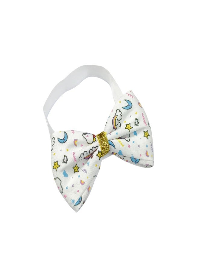 Fairytale Unicorn Print Hair Bow With Gold Glitter Centre Elastic Hair Band, Moon and Stars Pattern Headband For Baby Girls. (White, Small) - Image 1