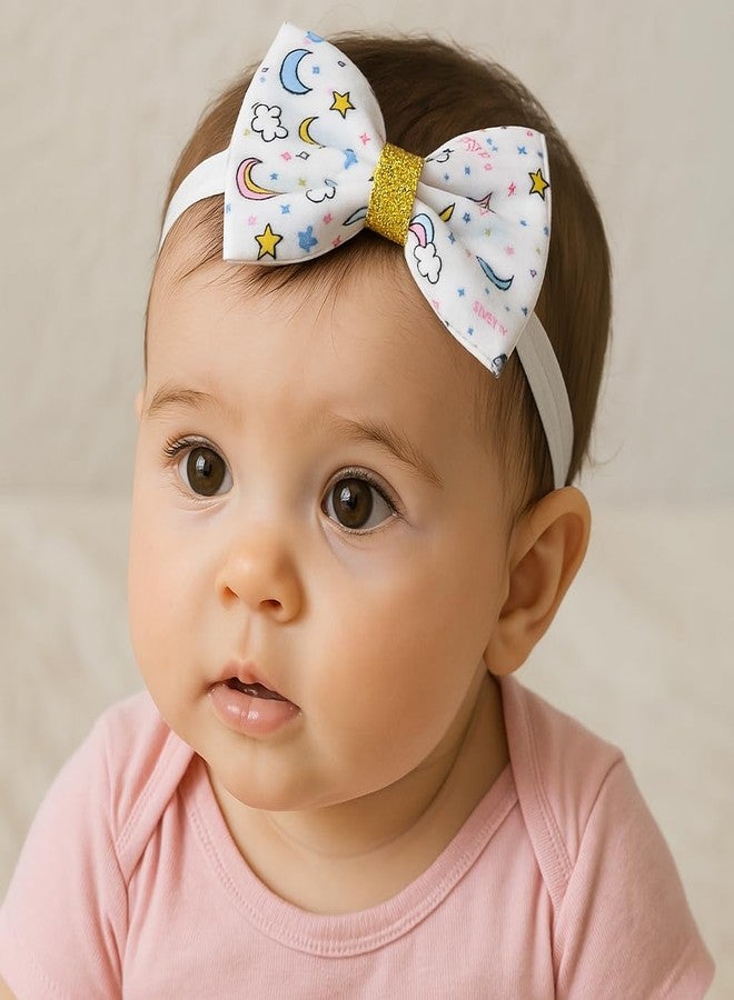 Fairytale Unicorn Print Hair Bow With Gold Glitter Centre Elastic Hair Band, Moon and Stars Pattern Headband For Baby Girls. (White, Small) - Image 2