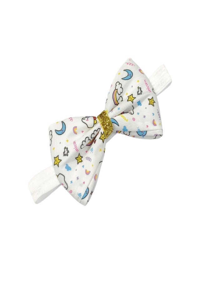 Fairytale Unicorn Print Hair Bow With Gold Glitter Centre Elastic Hair Band, Moon and Stars Pattern Headband For Baby Girls. (White, Small) - Image 4