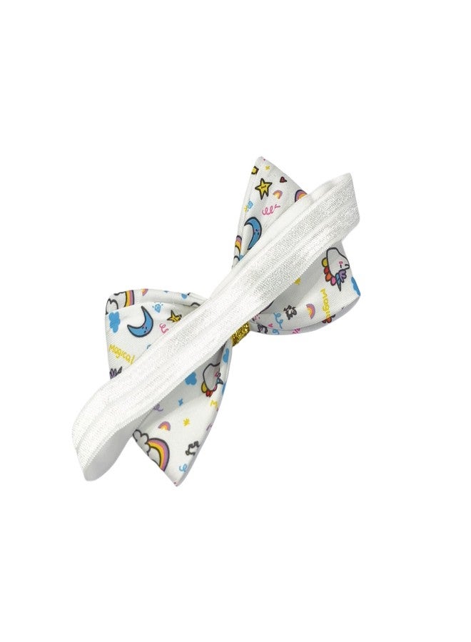 Fairytale Unicorn Print Hair Bow With Gold Glitter Centre Elastic Hair Band, Moon and Stars Pattern Headband For Baby Girls. (White, Small) - Image 5